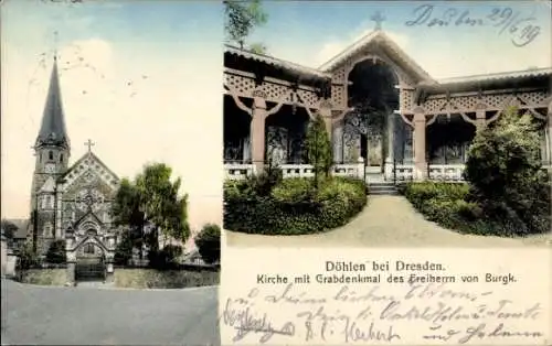 Ak Döhlen Freital in Sachsen, Kirche mit Grabdenkmal des Freiherrn von Burgk