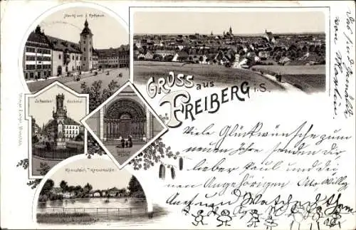 Litho Freiberg in Sachsen, Rathaus, Markt, Kreuzteich, Kreuzmühle, Denkmal