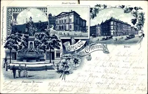 Litho Chemnitz in Sachsen, Stadttheater, Börse, Saxoniabrunnen