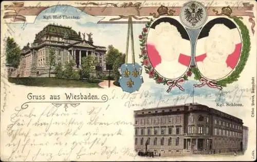 Litho Wiesbaden in Hessen, Königliches Schloss, Hoftheater, Portrait, Königspaar, Wappen