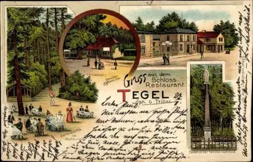 Litho Berlin Reinickendorf Tegel, Schlossrestaurant, Denkmal der Familie Humbold