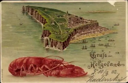 Litho Nordseeinsel Helgoland, Insel aus der Vogelschau, Hummer