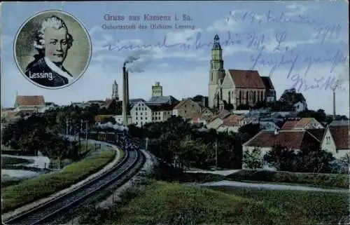 Ak Kamenz in Sachsen, Teilansicht, Eisenbahn, Portrait Lessing