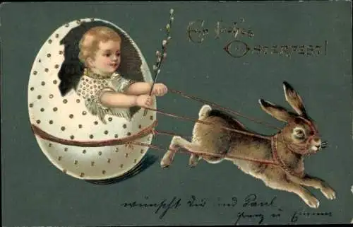 Präge Litho Glückwunsch Ostern, Osterhase, Kind im Ei, Weidenkätzchen