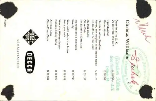 Ak Sängerin Christa Williams, Portrait, Decca Schallplatten, Autogramm