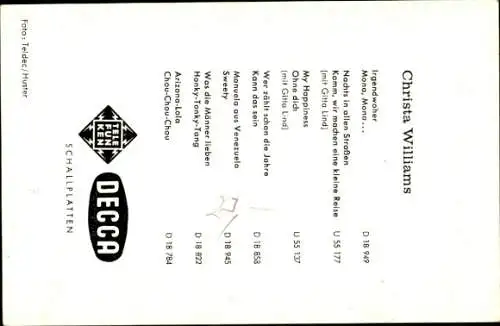 Ak Sängerin Christa Williams, Portrait, Decca Schallplatten, Autogramm