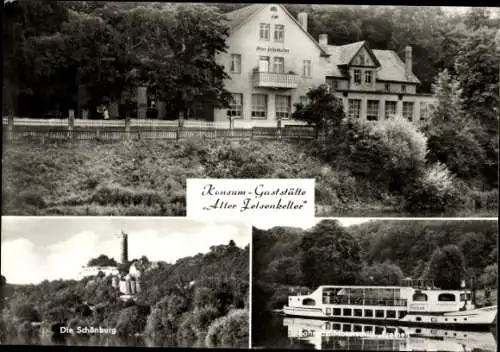 Ak Naumburg an der Saale, Konsum Gaststätte Alter Felsenkeller, Motorschiff Freiheit, Schönburg