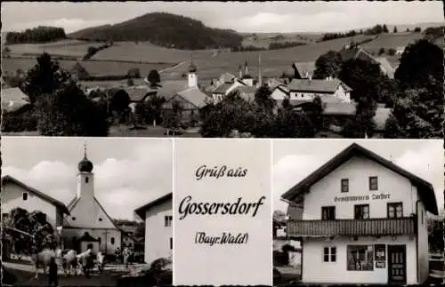 Ak Gossersdorf Konzell Niederbayern, Panorama, Kirche, Gemischtwarengeschäft Dorfner