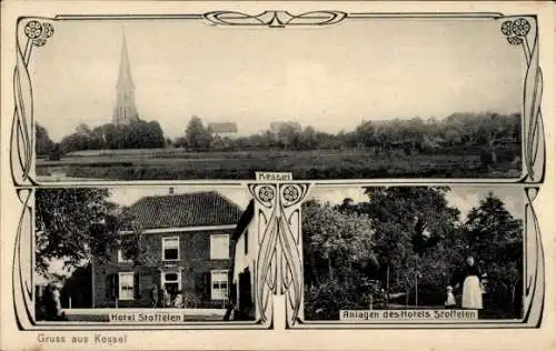 Jugendstil Ak Kessel Goch am Niederrhein, Hotel Stoffelen, Anlagen, Blick auf den Ort, Kirche