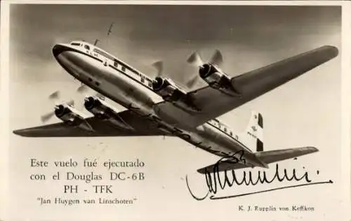 Ak Douglas DC 6B, PH-TFK, Jan Huygen van Linschoten, KLM, Niederländisches Passagierflugzeug