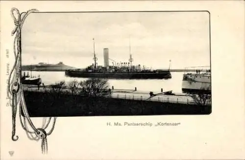 Passepartout Ak Niederländisches Kriegsschiff, Hr.Ms. Kortenaer, Panzerschiff