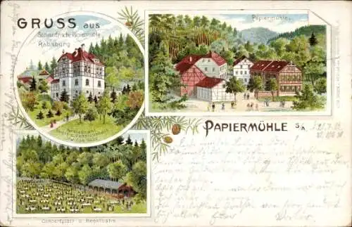 Litho Papiermühle Schmölln in Thüringen, Teilansichten, Restaurant und Pensionshaus, Konzertplatz