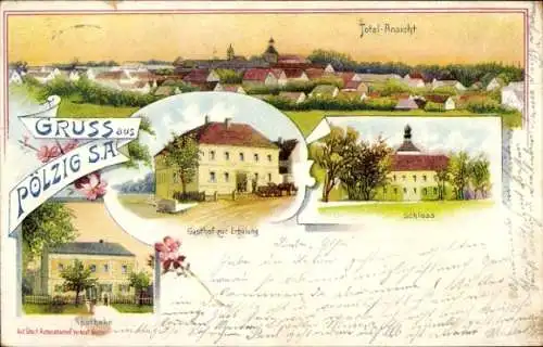 Litho Pölzig in Thüringen, Gasthof zur Erholung, Apotheke, Schloss, Totale