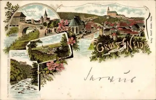 Litho Weida in Thüringen, Katzschtor, Restaurant Schöne Aussicht, Stadtpanorama