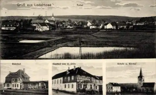 Ak Lederhose in Thüringen, Totalansicht, Bahnhof, Gasthof von O. Dölz, Schule, Kirche