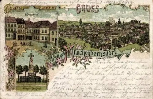 Litho Münchenbernsdorf in Thüringen, Totalansicht, Bairischer Hof, Kriegerdenkmal