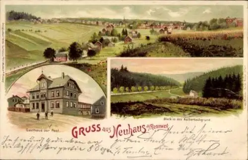 Litho Neuhaus am Rennweg, Gasthaus Zur Post, Ascherbachgrund, Gesamtansicht