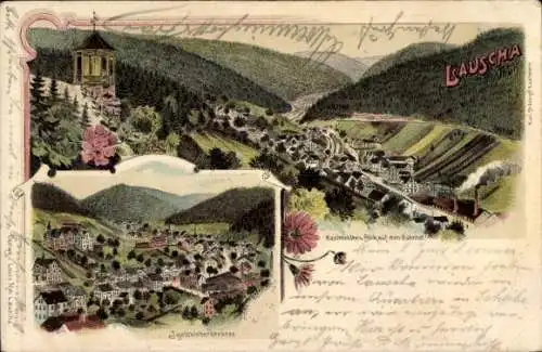 Litho Lauscha in Thüringen, Gesamtansicht, Igelshieberstraße, Kasimirhöhe und Blick auf Bahnhof