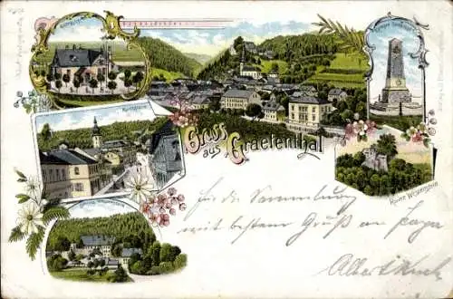 Litho Gräfenthal in Thüringen, Totale, Georgstift, Marktstraße, Kriegerdenkmal, Schloss Wespenstein