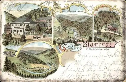 Litho Blumenau Schwarzatal in Thüringen, Gasthaus zur Blumenau, Mellenbach, Zirkel