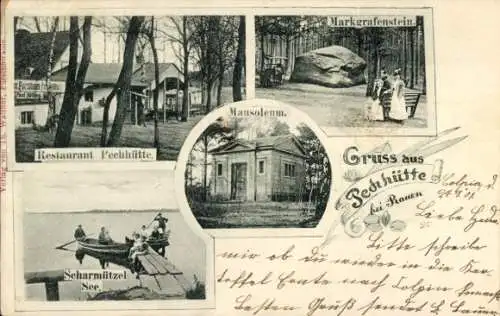 Ak Rauen in Brandenburg, Restaurant Pechhütte, Mausoleum, Markgrafenstein, Scharmützelsee, Ruderboot