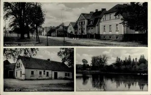 Ak Petersdorf Bad Saarow in der Mark, Dorfstraße, Gasthof zur Lindenquelle, Dorfteich mit Kirche