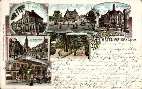 Litho Fürstenwalde an der Spree, Post, Denkmalsplatz, Eisenbahnstraße, Ecke Gartenstraße, Kirche