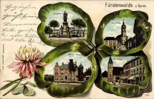 Kleeblatt Litho Fürstenwalde an der Spree, Domkirche, Kriegerdenkmal, Marktplatz, Offiziers Casino