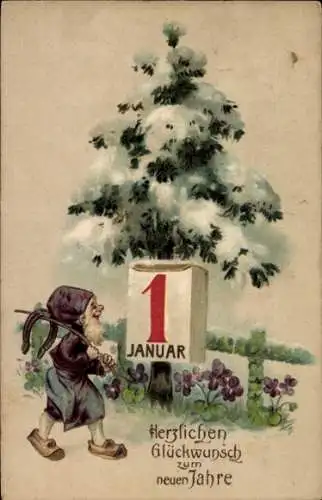 Präge Ak Glückwunsch Neujahr, Zwerg, Kalender, Hufeisen