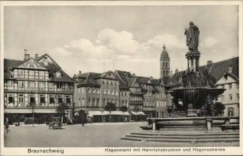 Ak Braunschweig in Niedersachsen, Hagenmarkt, Heinrichbrunnen, Hagenschenke, Fachwerkhaus