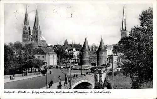 Ak Hansestadt Lübeck, Petrikirche, Puppenbrücke, Marienkirche, Holstentor