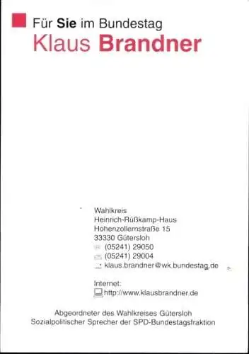 Foto Portrait Klaus Brandner, Mdb SPD, Autogramm