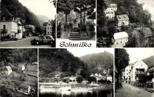 Ak Schmilka Bad Schandau Sächsische Schweiz, Straßenpartie, Denkmal, Ausflugsschiff, Fachwerkhaus