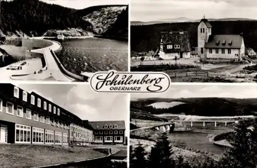 Ak Schulenberg Clausthal Zellerfeld im Oberharz, Teilansichten, Stausee, Kirche, Brücke