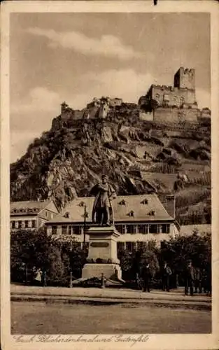 Ak Caub Kaub am Rhein, Blücherdenkmal, Gutenfels