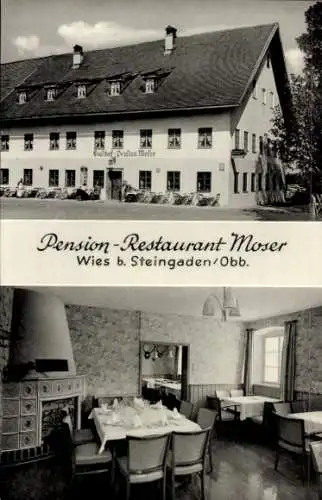 Ak Wies Steingaden in Oberbayern, Pension-Restaurant Moser, Außenansicht, Speiseraum, Kamin