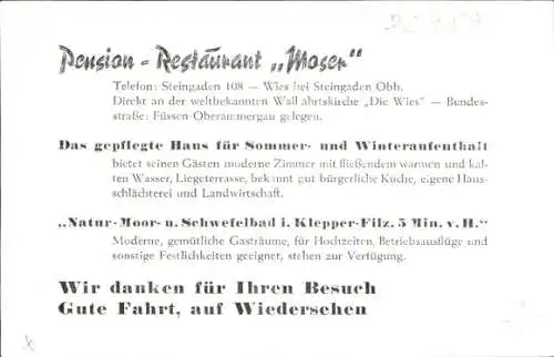 Ak Wies Steingaden in Oberbayern, Pension-Restaurant Moser, Außenansicht, Speiseraum, Kamin