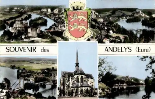 Ak Les Andelys Eure, Gesamtansicht, Brücke, Schloss Gaillard, Wappen, Kirche