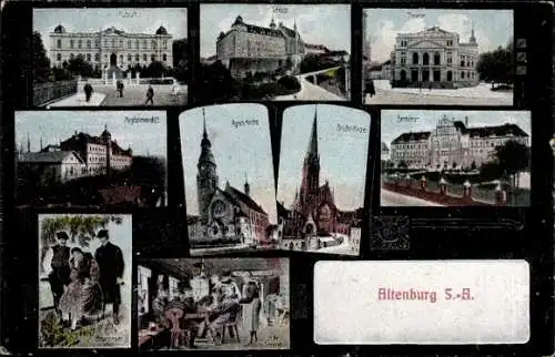 Ak Altenburg in Thüringen, Schloss, Theater, Agnes-Kirche, Brüderkirche, Seminar, Bauerntracht