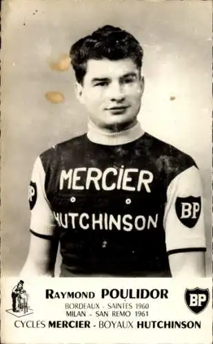 Ak Radrennfahrer Raymond Poulidor, Portrait, Cycles Mercier, Boyaux Hutchinson