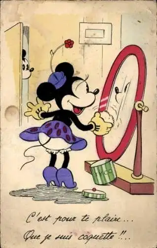 Künstler Ak Walt Disney, Minnie Maus vor einem Standspiegel