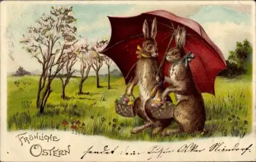 Präge Litho Glückwunsch Ostern, Osterhasen unter einem Schirm, Ostereier, Korb