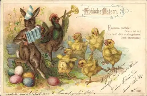 Litho Glückwunsch Ostern, Musizierende Küken und Osterhase