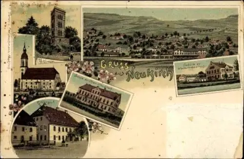 Litho Neukirch Lausitz, König Johann Turm, Kirche, Rittergut, Schule Oberneukirch, Niederneukirch