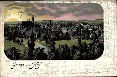 Litho Hof an der Saale Oberfranken Bayern, Gesamtansicht, Dämmerung