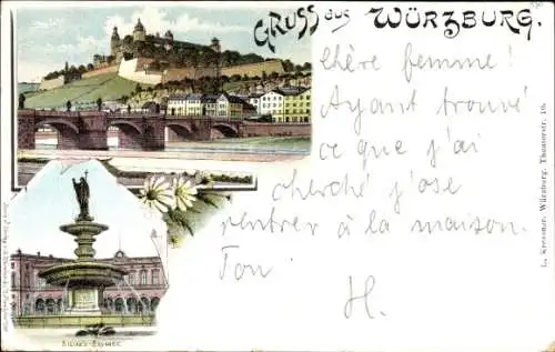 Litho Würzburg am Main Unterfranken, Festung Marienberg, Brücke, Kilians Brunnen