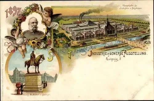 Litho Leipzig, Sächs Thür. Industrie und Gewerbeausstellung 1897, König Albert von Sachsen, Denkmal