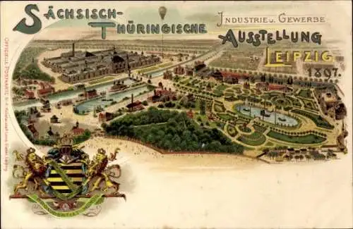 Wappen Litho Leipzig, Sächsisch Thüringische Industrie u. Gewerbe Ausstellung 1897, Ballon