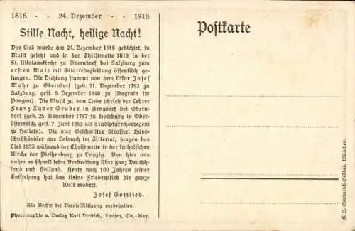 Künstler Ak Dichter Joseph Mohr, Komponist Franz Xaver Gruber, 100 Jahre Stille Nacht, heilige Nacht