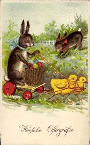Ak Glückwunsch Ostern, Küken ziehen einen Karren mit Hase und Ostereiern